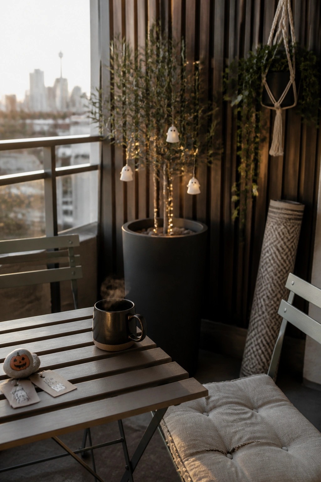 A balcony scene with a wooden table holding a mug and small pumpkin, next to a potted tree strung with lights and ghost ornaments against a dark wall.