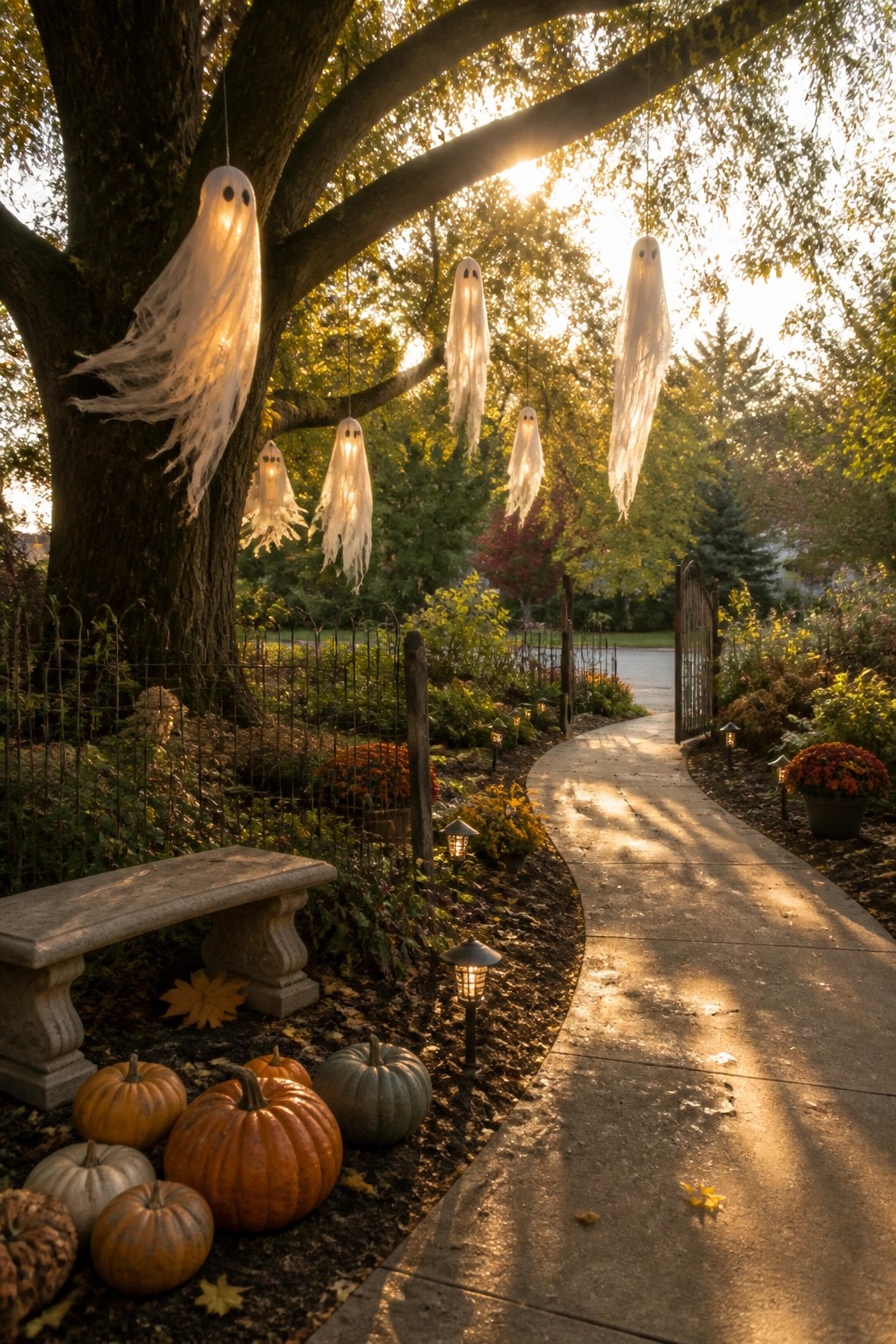 A garden path lined with pumpkins and flowers leads past a large tree with several glowing white ghost figures hanging from its branches at dusk.