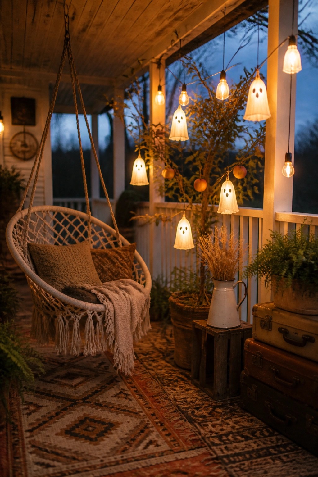 A dusk-lit wooden porch with a macrame hanging chair, ghost-shaped lanterns on string lights, potted plants, and stacked vintage suitcases on a patterned rug.