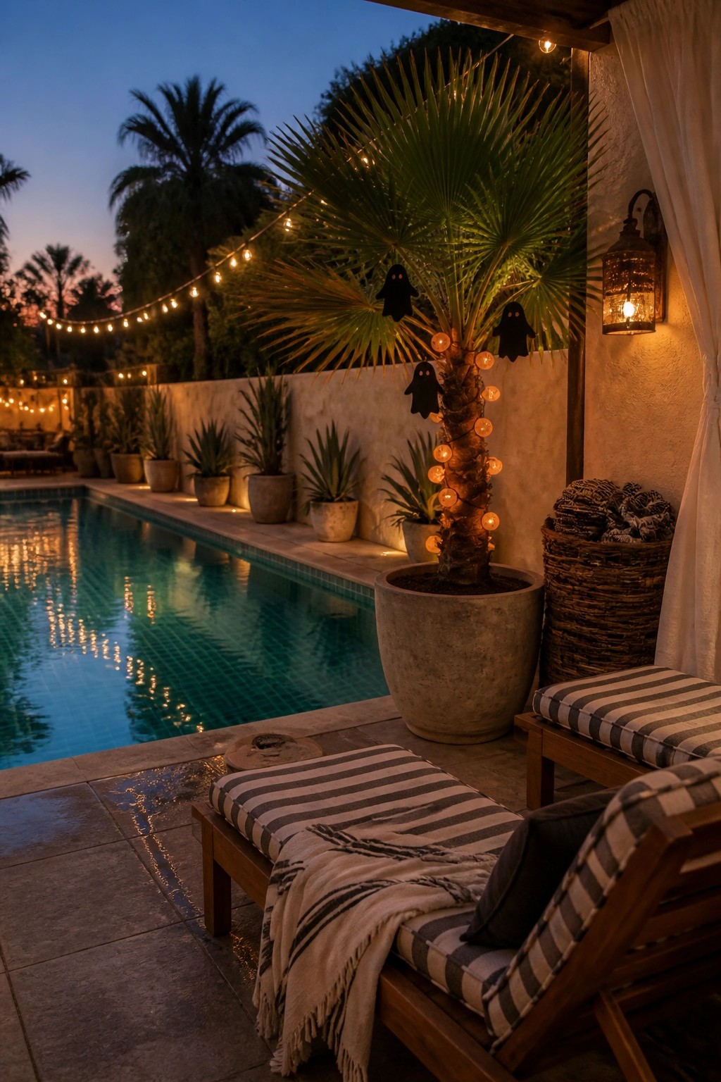 A palm tree in a large pot beside a swimming pool at dusk, wrapped in string lights with three black ghost figures hanging from the fronds, next to striped lounge chairs.