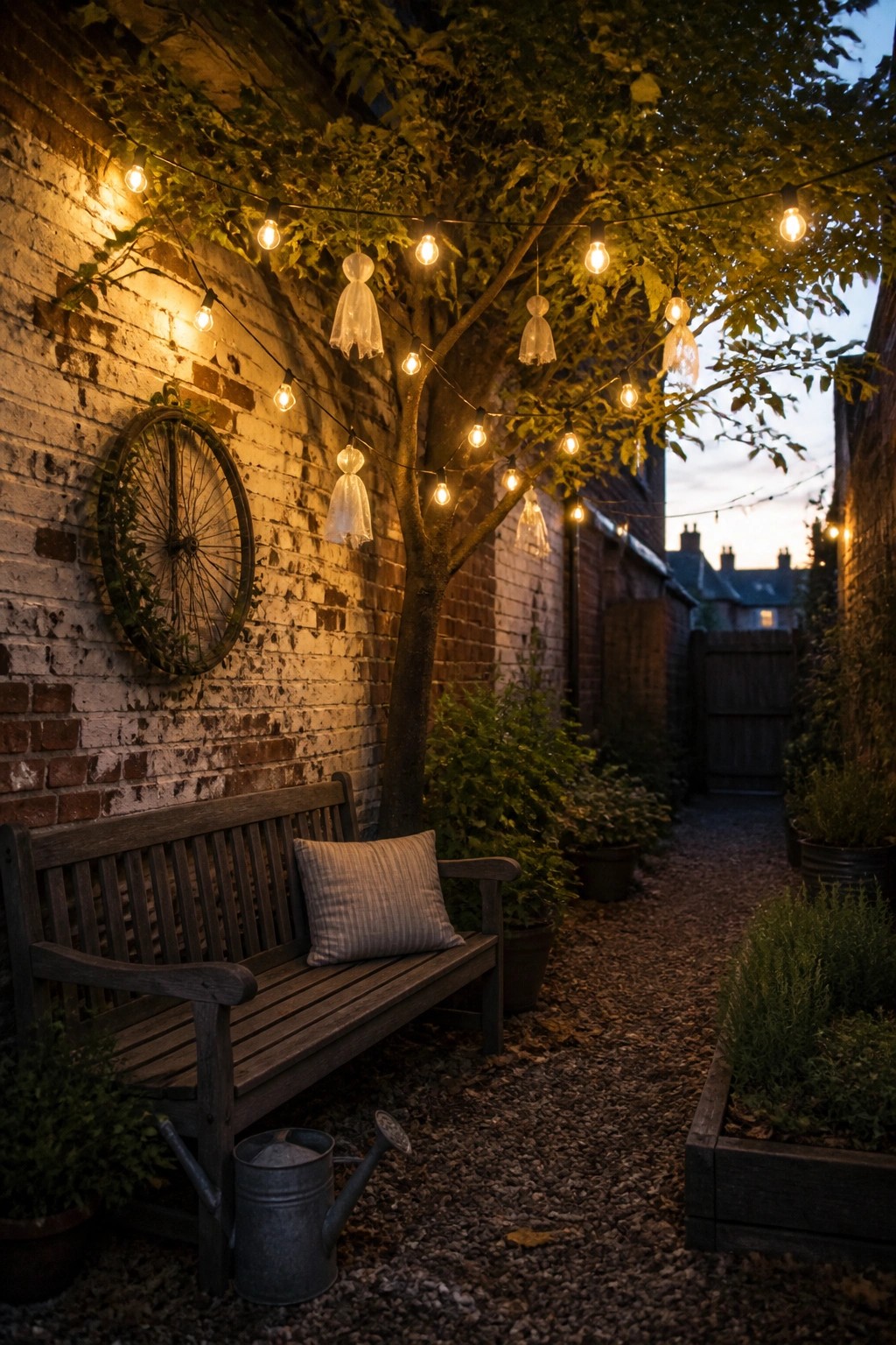 A wooden bench under a tree decorated with string lights and hanging ghost props in a brick garden at dusk.