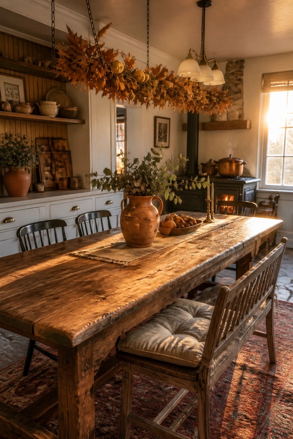 A rustic kitchen with a long reclaimed wood dining table set with a burlap runner, terracotta vase of greenery, small pumpkins, and an overhead garland of dried autumn leaves.