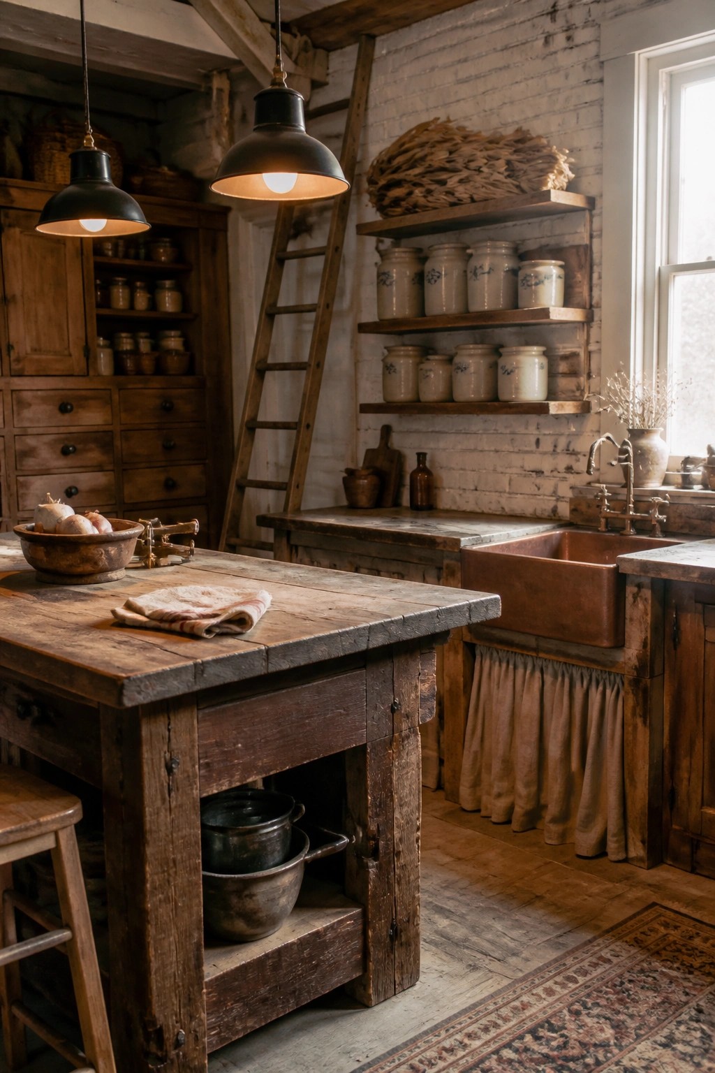 A rustic kitchen with a large wooden island, open lower shelves holding metal pots, a copper sink, and shelves of ceramic jars against a white brick wall.