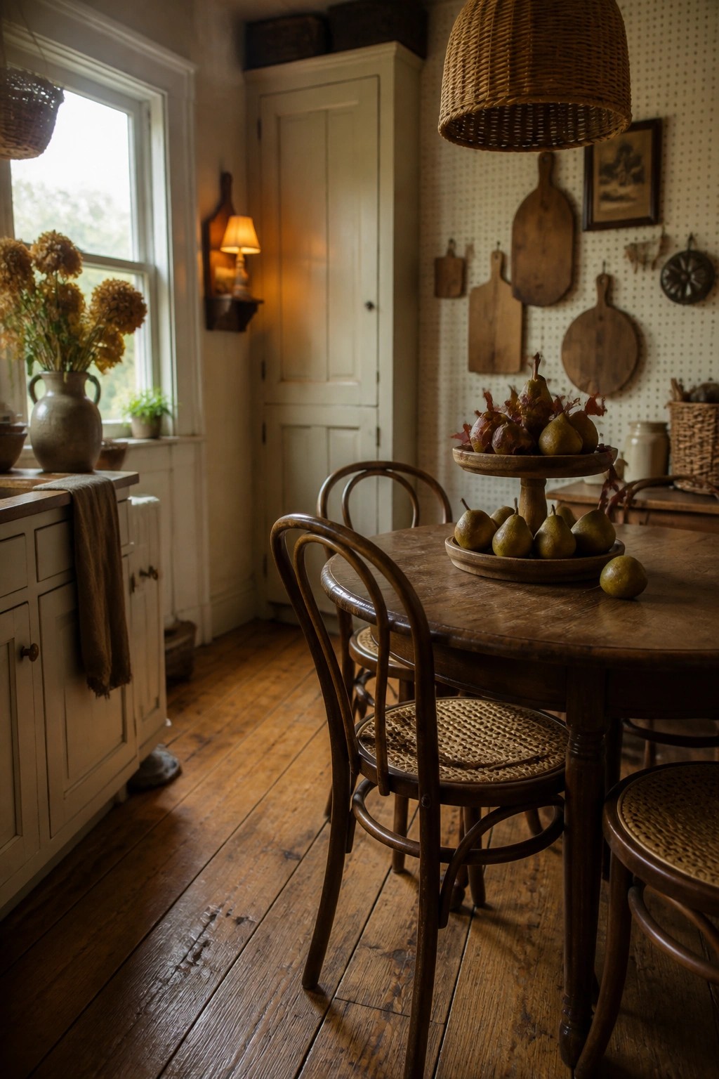 A rustic wooden kitchen table holds pears and dried leaves arranged on a two-tier wooden stand with a few loose pears nearby, surrounded by bentwood chairs with woven seats.