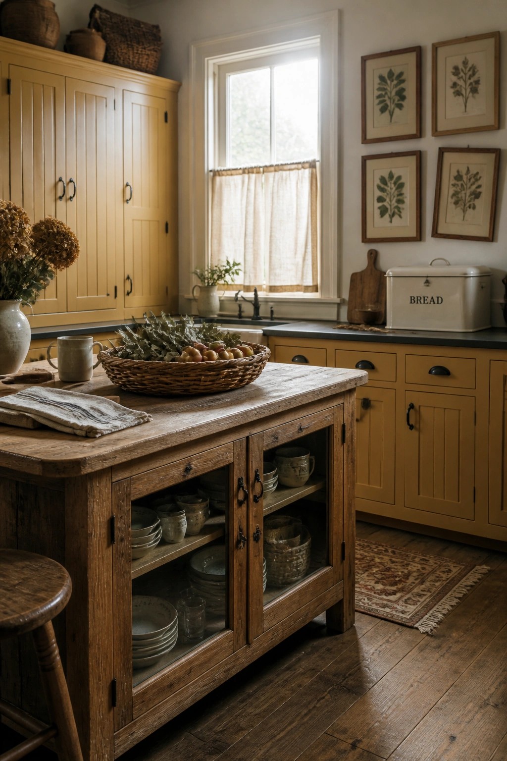 A rustic kitchen interior featuring a wooden island with glass-front cabinets displaying pottery and a large basket of apples and greens on the countertop.