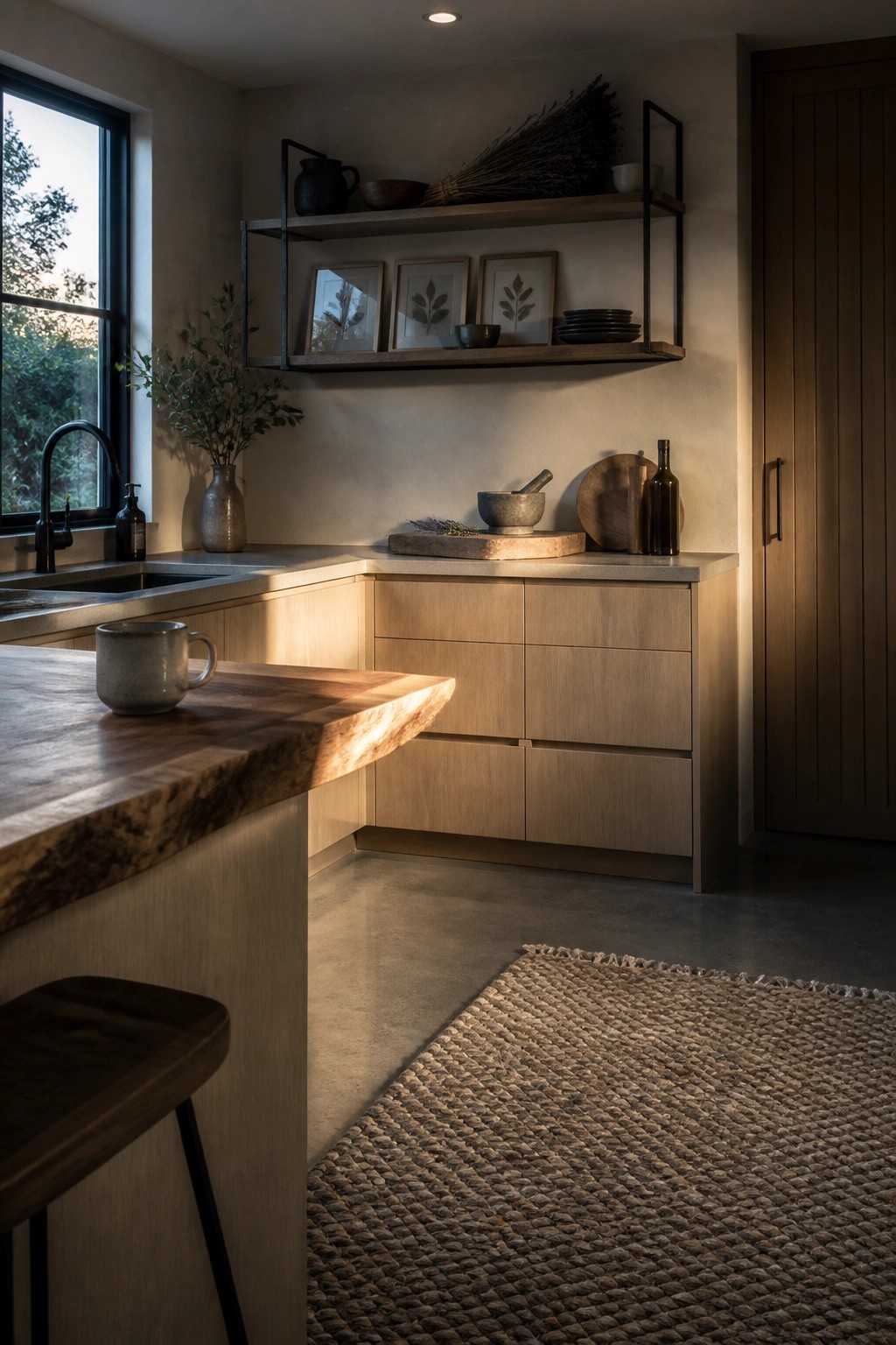 A rustic kitchen interior with light wood cabinets, open black metal shelves displaying dried lavender, framed botanical prints, ceramic bowls, and wooden cutting boards above a concrete countertop.