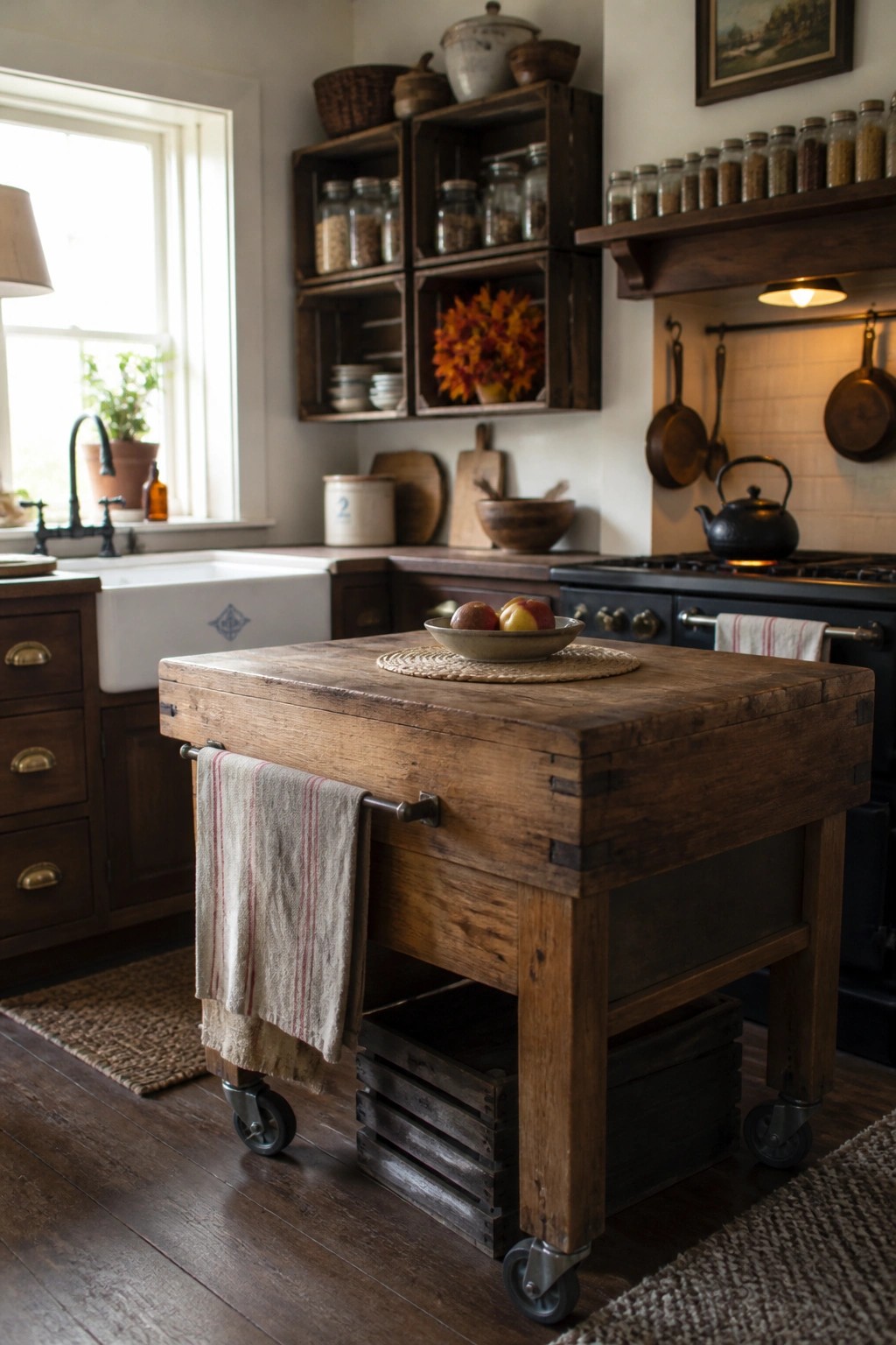 A rustic kitchen with a large wooden rolling island on casters, topped with a bowl of apples, and featuring open wooden crate shelving in the background.