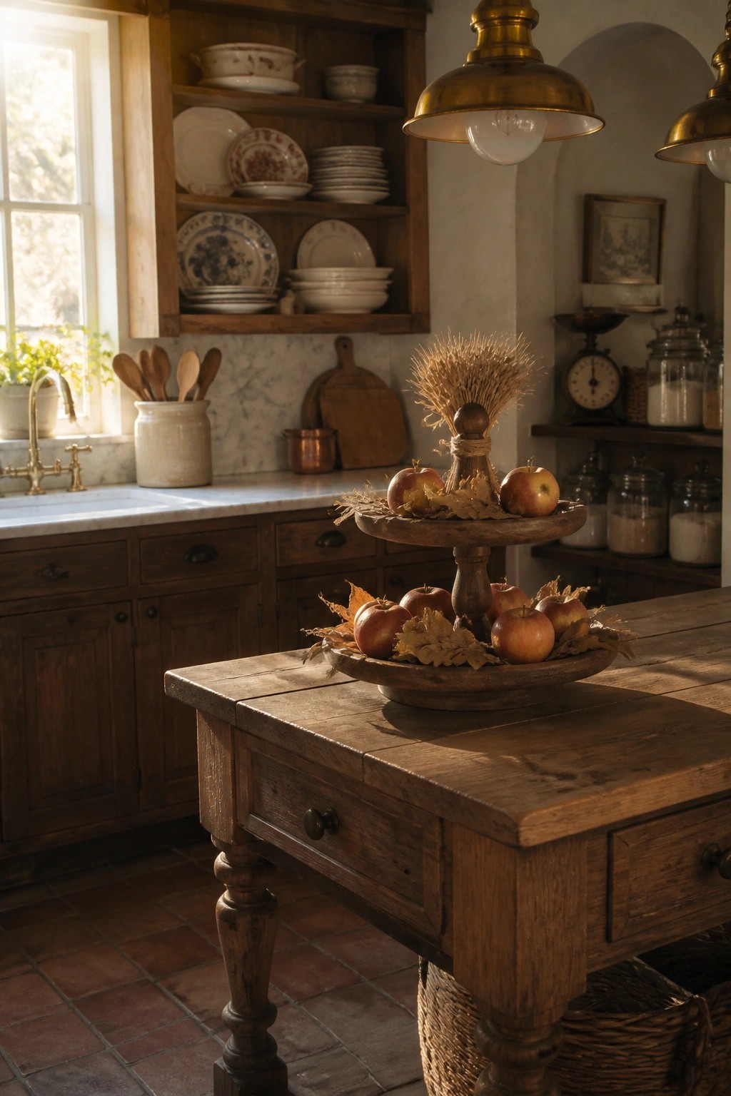 A rustic kitchen with a wooden table holding two tiered wooden trays filled with red apples and dried leaves, set against dark wood cabinets and open shelves.