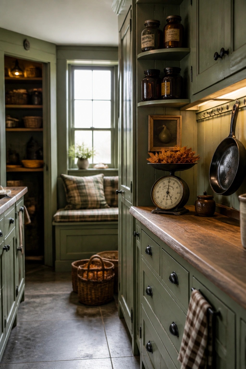 A narrow rustic kitchen with sage green cabinetry, wooden countertops, a vintage scale holding dried orange leaves, glass jars on open shelves, and a cast iron skillet hanging on the wall.