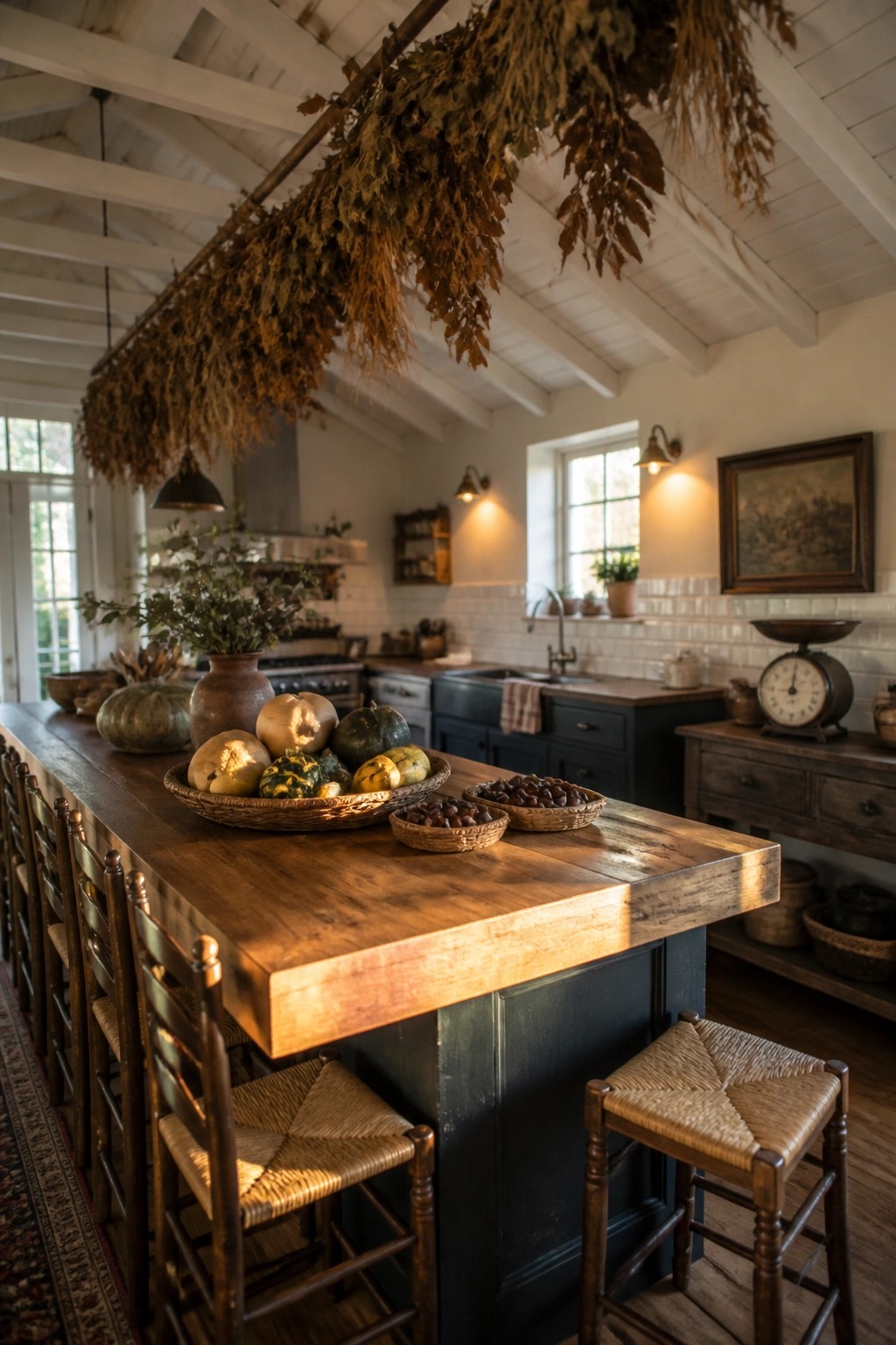 A rustic kitchen with a large wooden island holding baskets of gourds and squash, dried leaves hanging overhead, and woven seat stools along the sides.