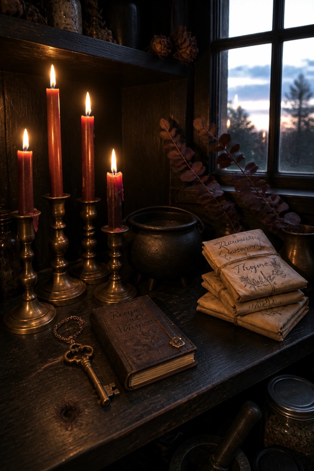 Red candles flickering by antique book, key, cauldron, and herb bundles on wooden table