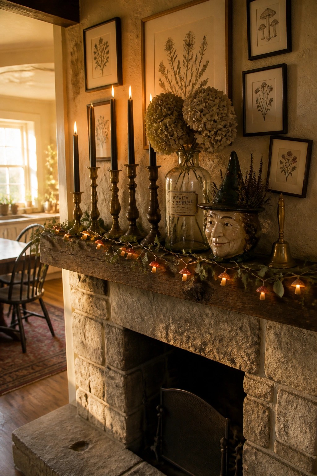 A stone fireplace mantel with black taper candles in brass and wooden holders, dried hydrangeas in a glass jar, framed botanical prints, and a witch figurine.