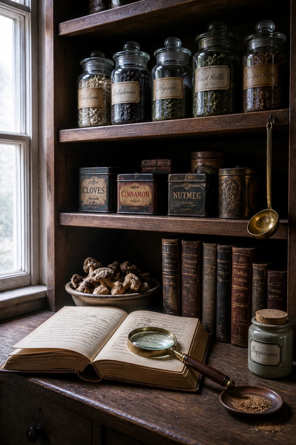 A dark wooden cabinet filled with glass apothecary jars labeled with herbs and spices, metal tins, old books, and an open book with a magnifying glass resting on the surface below.