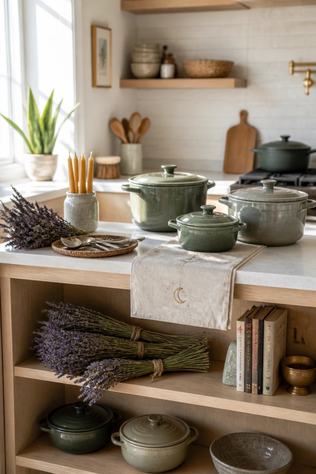 A bright kitchen with open wooden shelves holding bundles of dried lavender, stacked old books, stones, bowls, and green ceramic pots on the marble countertop.