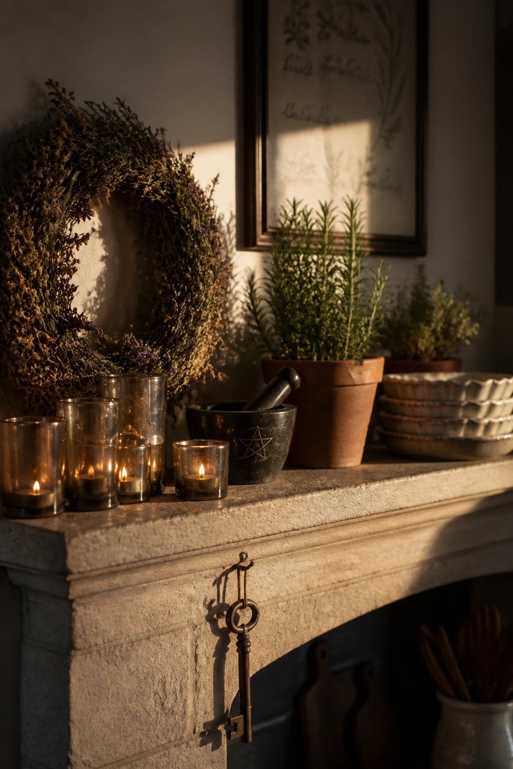 A stone fireplace mantel holds lit candles in glass holders, a large dried herb wreath, potted rosemary plants, a mortar and pestle, stacked bowls, and an antique key hanging from the front edge.
