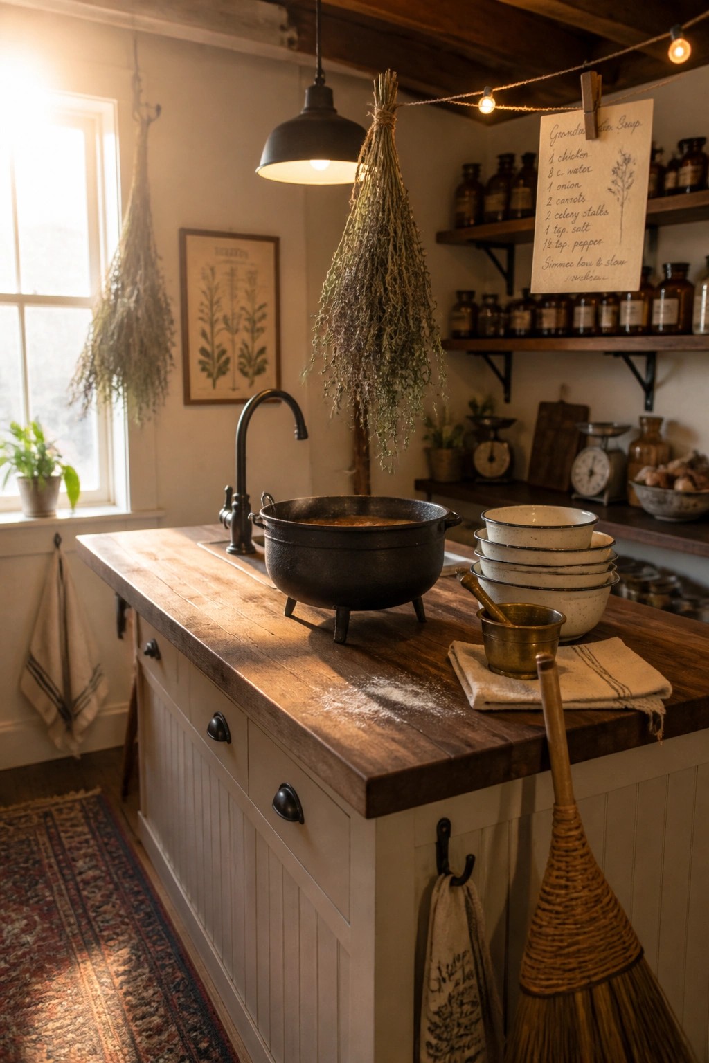 Rustic kitchen with wooden island, black pot, hanging herbs, and recipe card
