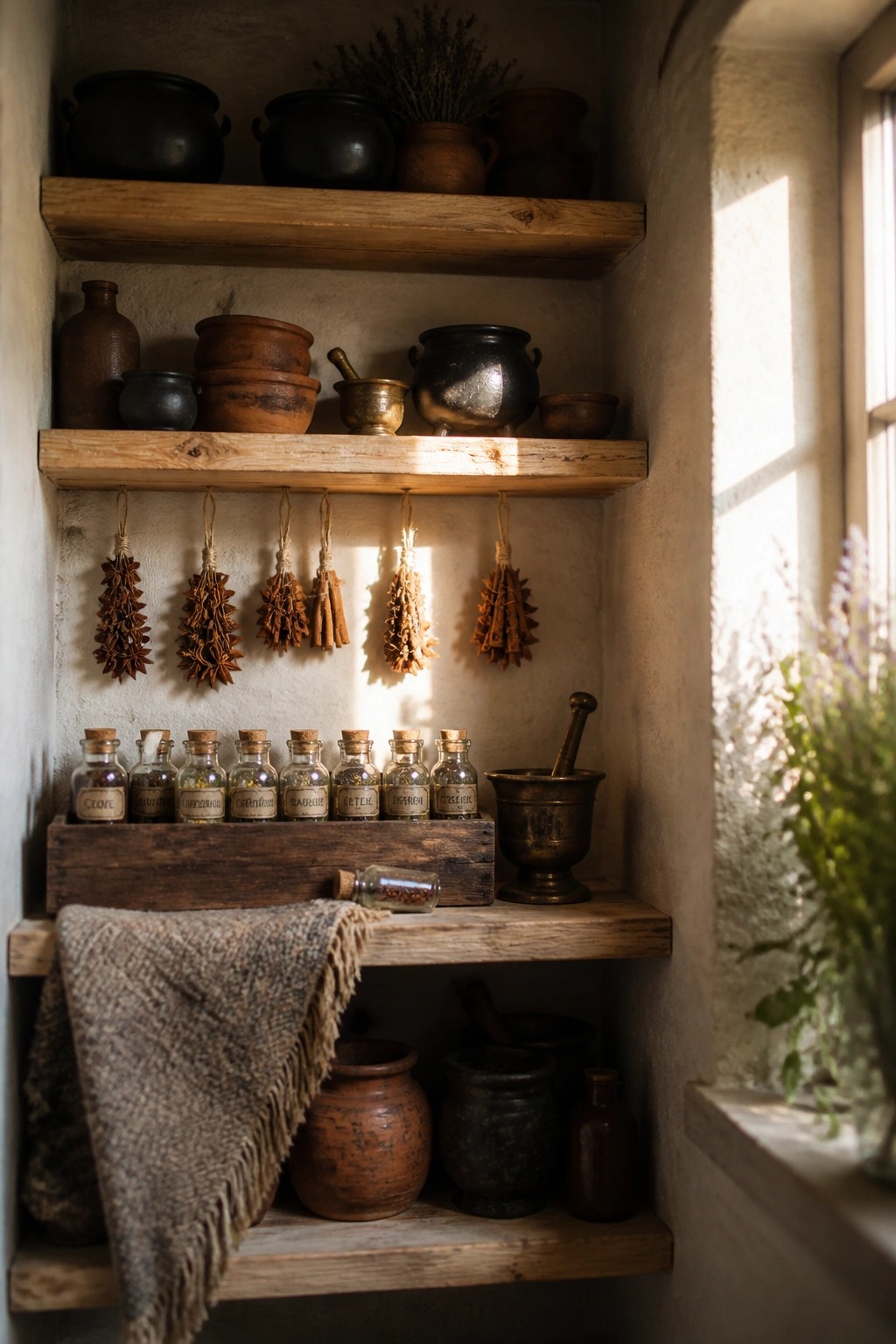 Wooden shelves hold rows of labeled glass spice jars in a box, hanging dried herb bundles, clay pots, mortars and pestles, and a burlap cloth.