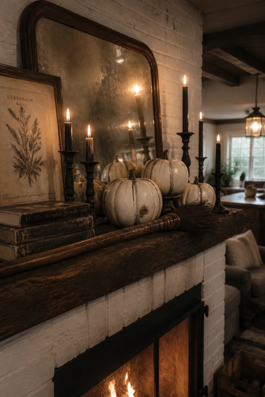 A white brick fireplace mantel holds stacked vintage books, several lit black taper candles in dark holders, white pumpkins, and a small broom.