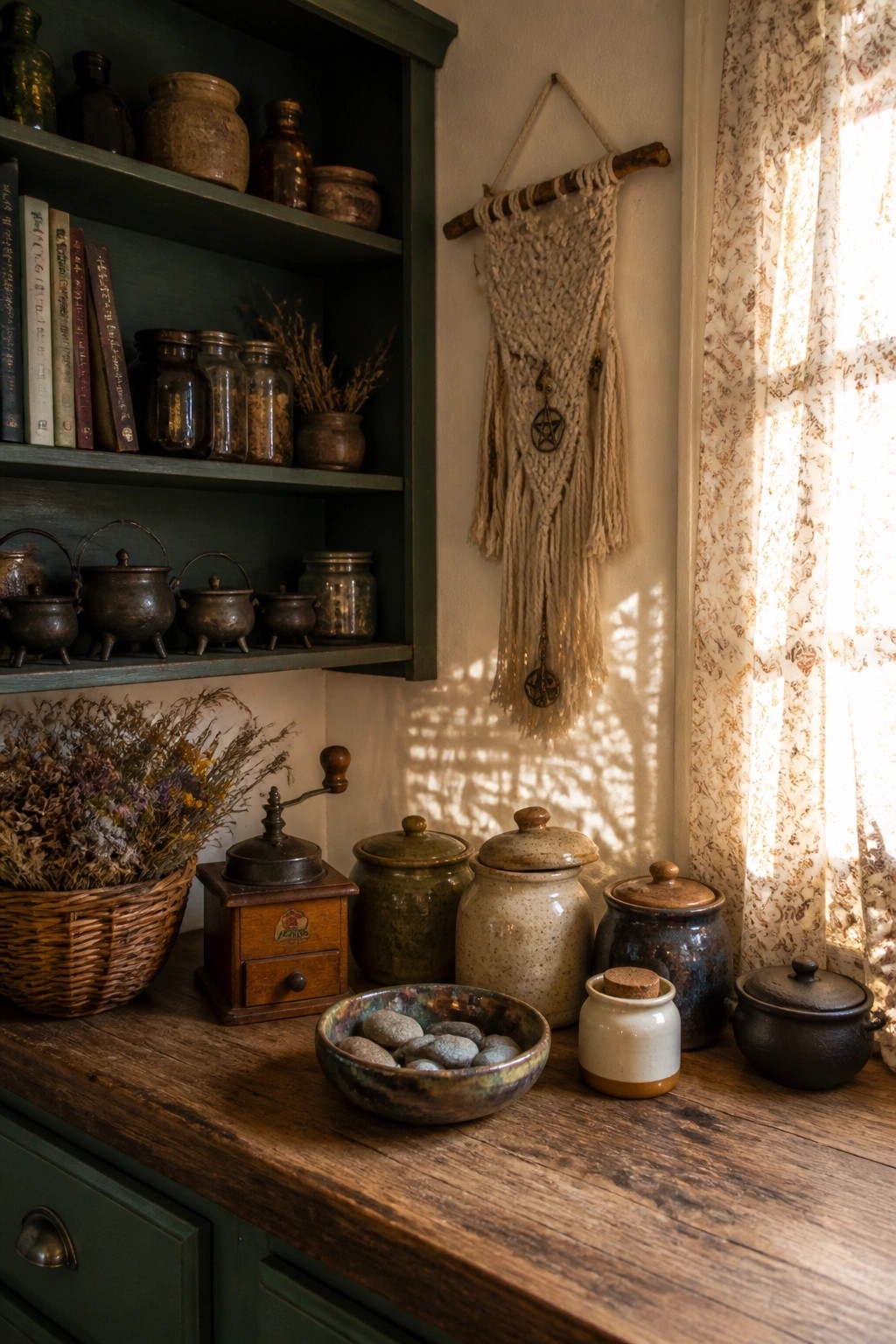 A rustic kitchen corner with green open shelves, a macrame wall hanging featuring a pentagram, and a wooden counter holding ceramic jars and a bowl of stones.