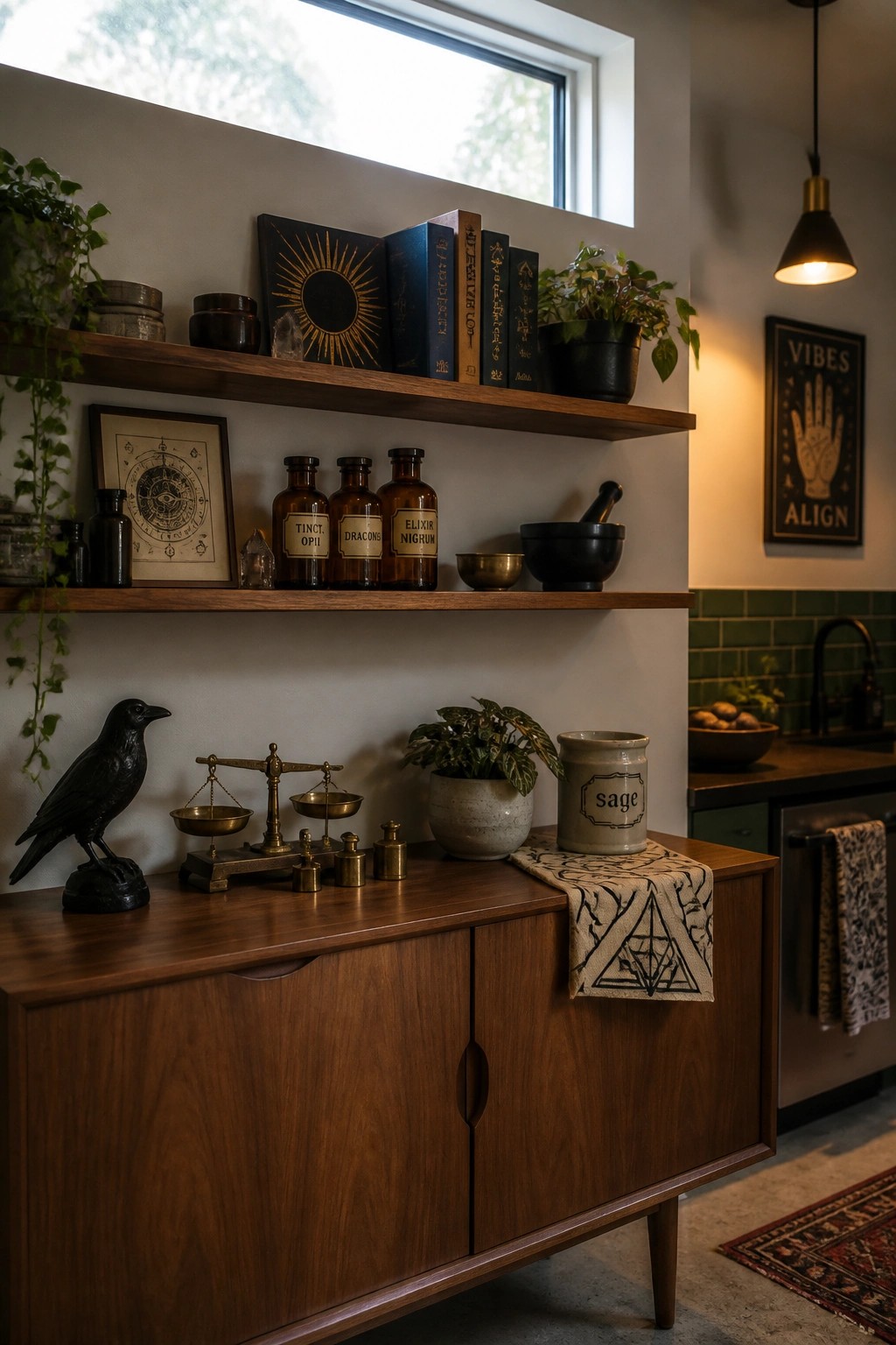 Wooden floating shelves in a kitchen hold brown apothecary bottles, old books, small plants, and brass scales, with a wooden sideboard below displaying a black raven statue and more brass items.
