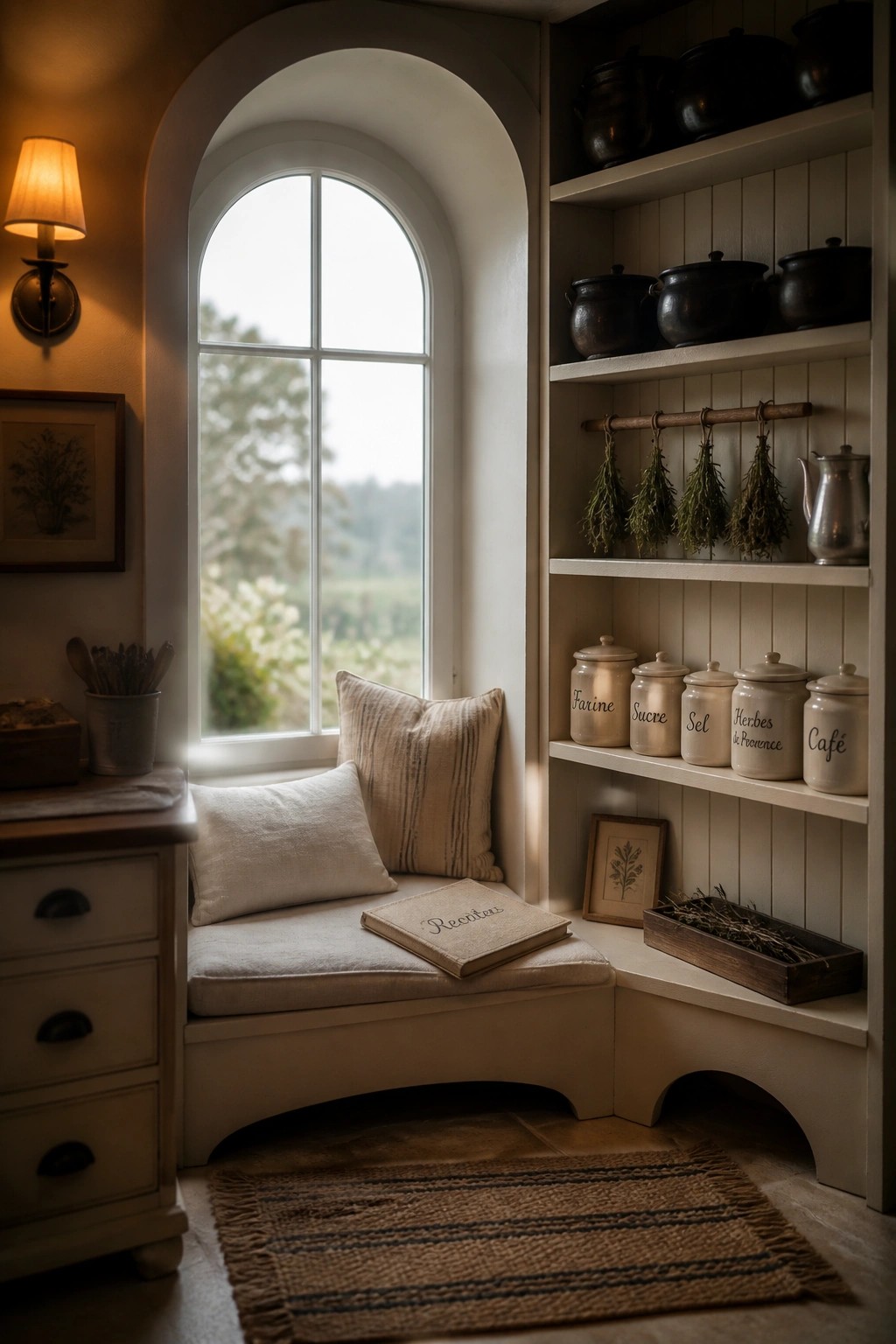 A cozy interior corner with a window seat, white built-in shelves holding ceramic labeled jars, hanging dried herbs, and black pots on top shelves.