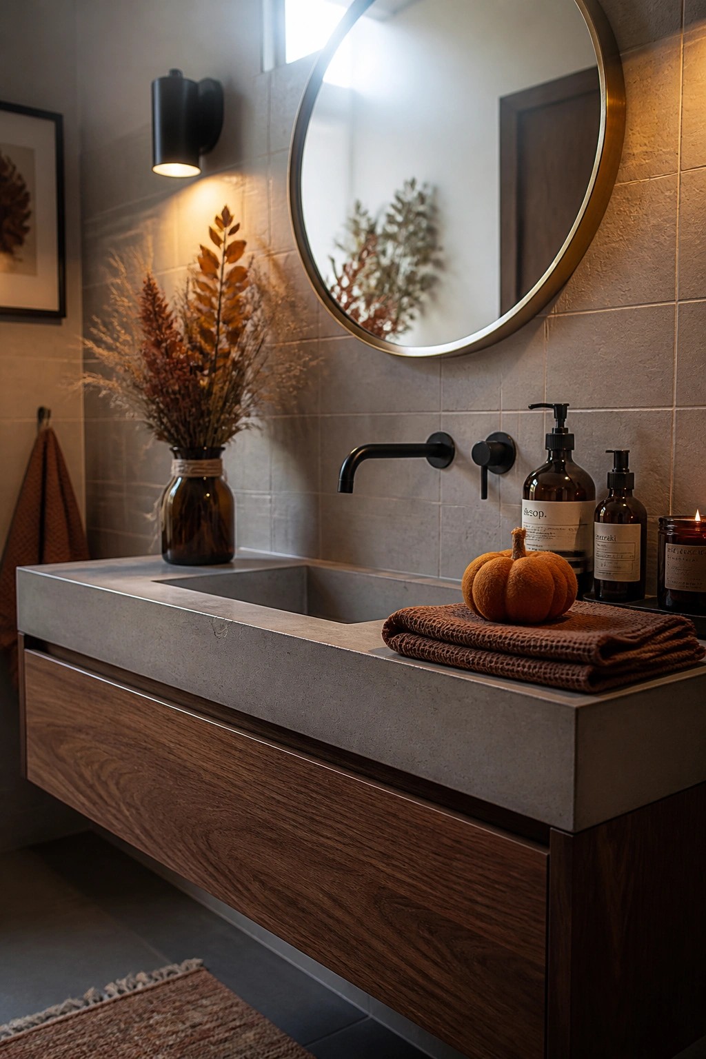 A modern bathroom vanity featuring a concrete sink on a wood cabinet, round mirror, black faucet, and autumn details like dried foliage in a glass vase and a small pumpkin on folded brown towels.