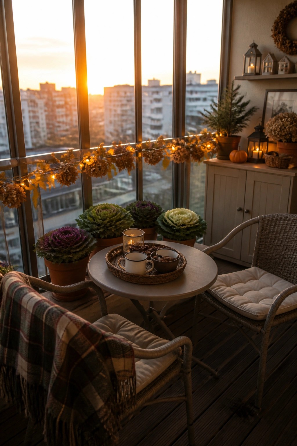 A small balcony with two wicker chairs, a round table holding mugs on a tray, potted ornamental cabbages, string lights with dried flowers along the railing, and a plaid throw on one chair overlooking a city at sunset.