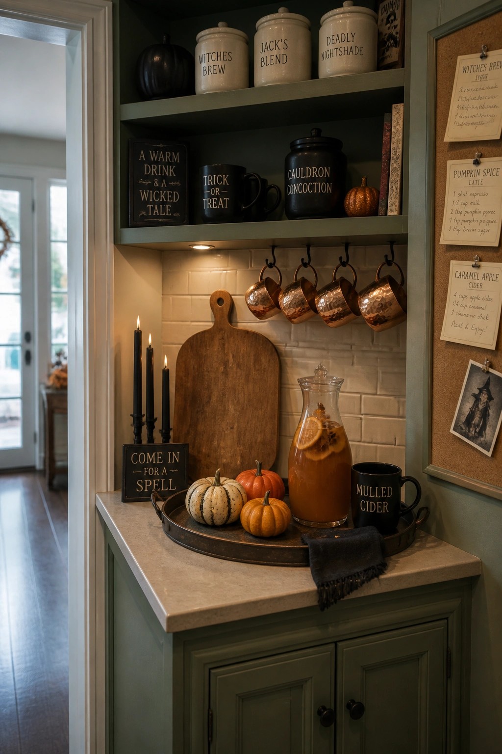 Cozy Halloween kitchen nook with witch jars, copper mugs, pumpkins, and mulled cider