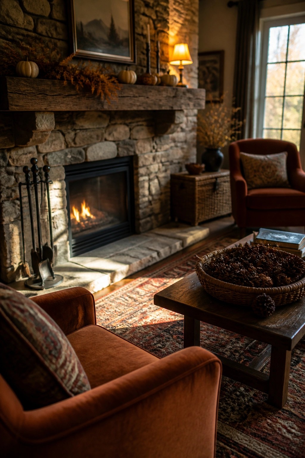 A stone fireplace with a wooden mantel decorated with small pumpkins and dried orange foliage, a lit fire, two rust velvet armchairs, and a basket of pinecones on a wooden table.