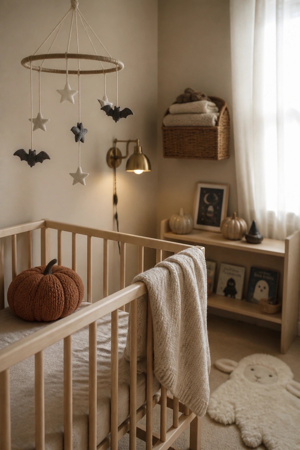A light wood crib in a neutral nursery holds a knitted pumpkin, with a hanging mobile of felt stars and bats above it, and a low shelf with Halloween books and small pumpkins nearby.