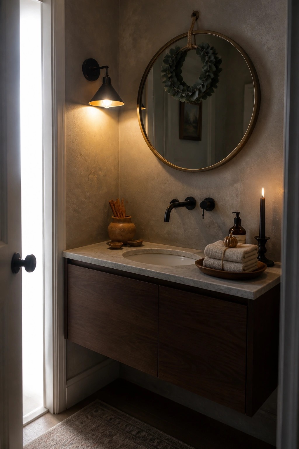 A bathroom with a floating dark wood vanity, marble countertop, round mirror with a wreath, wall sconce, and a lit candle on the counter.