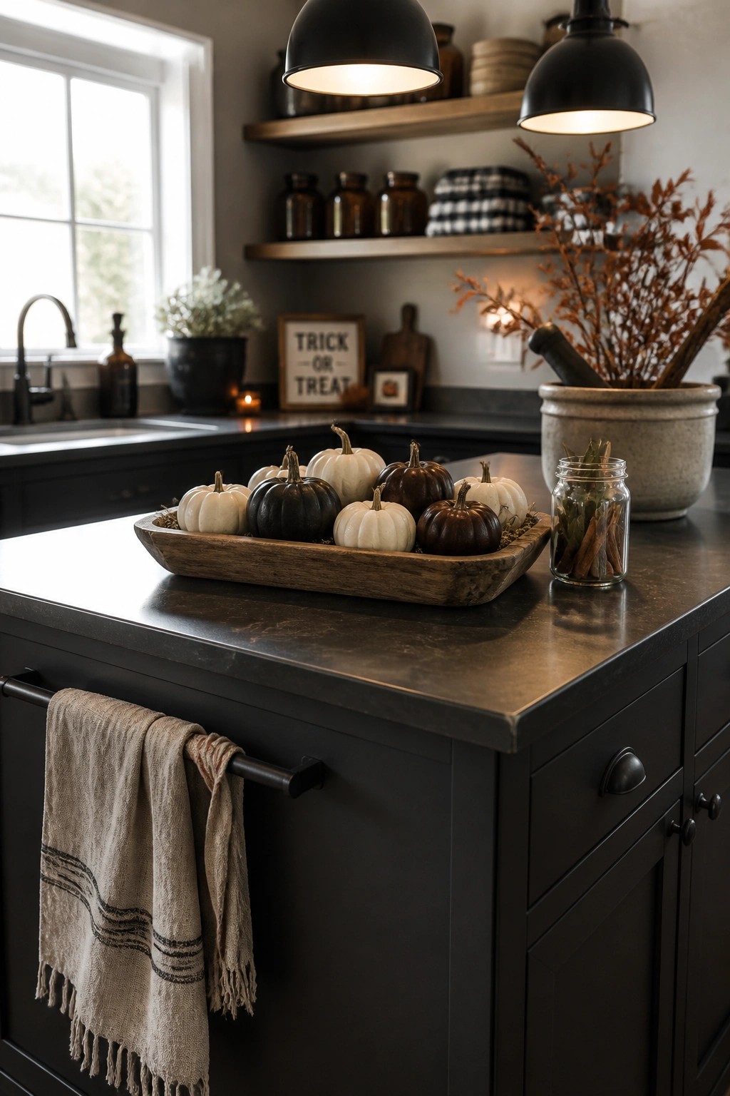A kitchen island with a wooden tray holding small white and dark pumpkins, a linen towel on the drawer, and black pendant lights above.