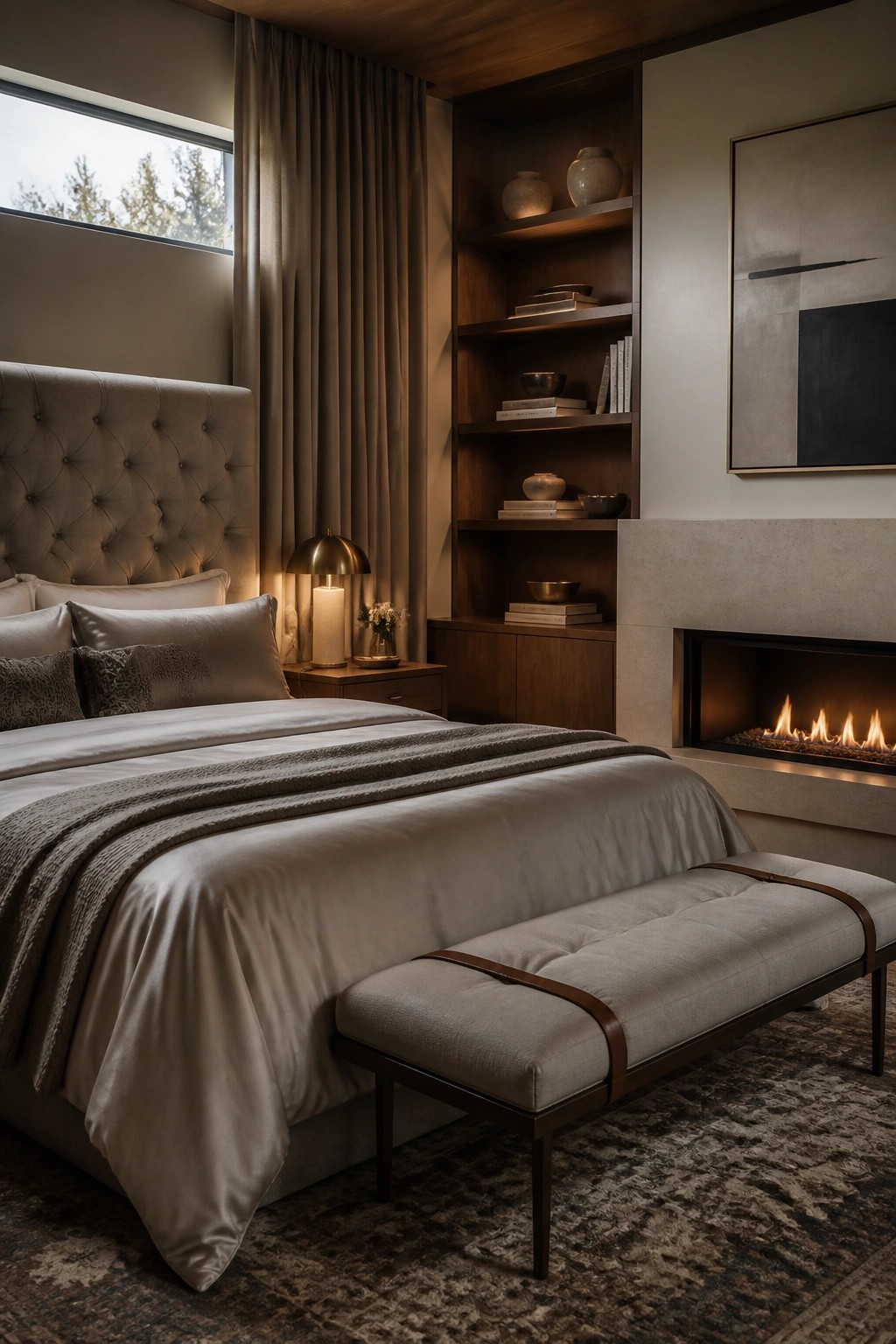 A bedroom with a large upholstered bed dressed in layered neutral linens, a tufted bench at the foot, built-in wooden shelves, and a lit modern fireplace.