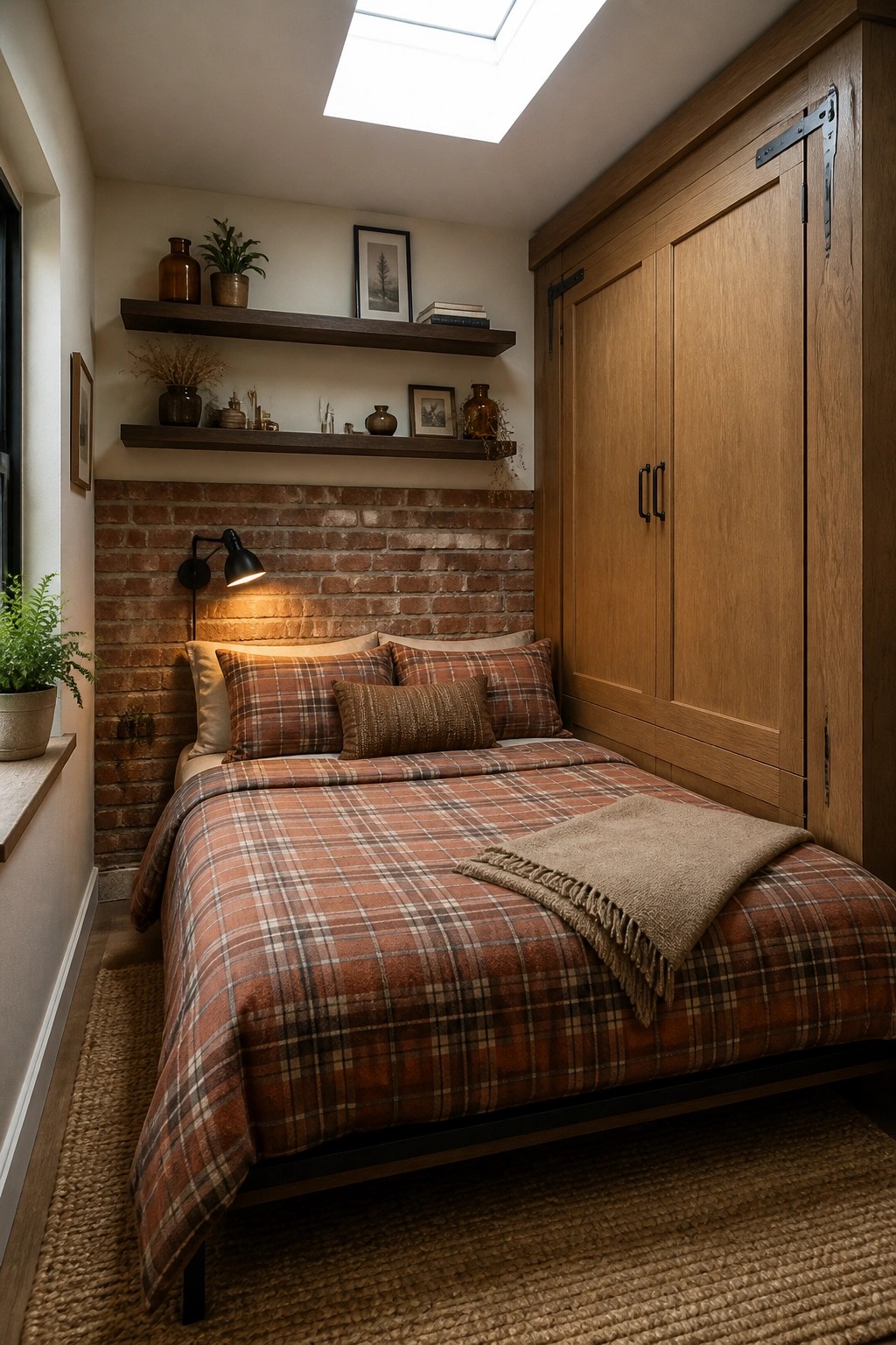 A small bedroom featuring a bed with plaid bedding against an exposed brick wall, wooden wardrobe to the right, and floating shelves above the bed.