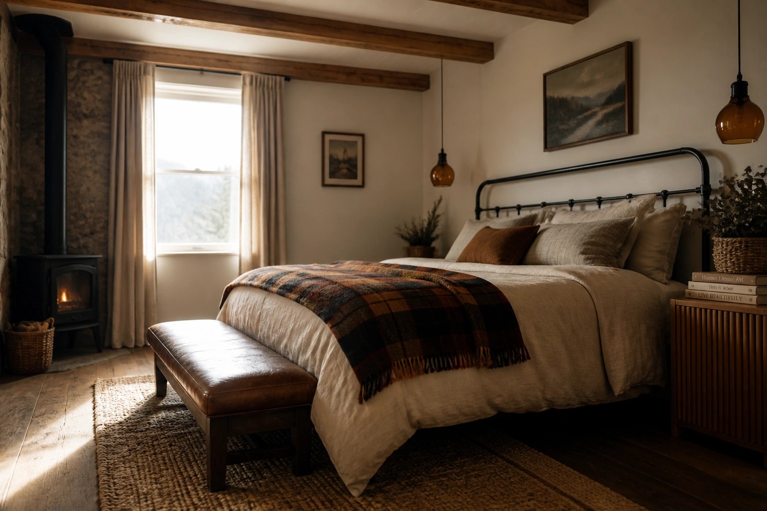 Rustic bedroom with bed, plaid blanket, leather bench, wood beams, and fireplace