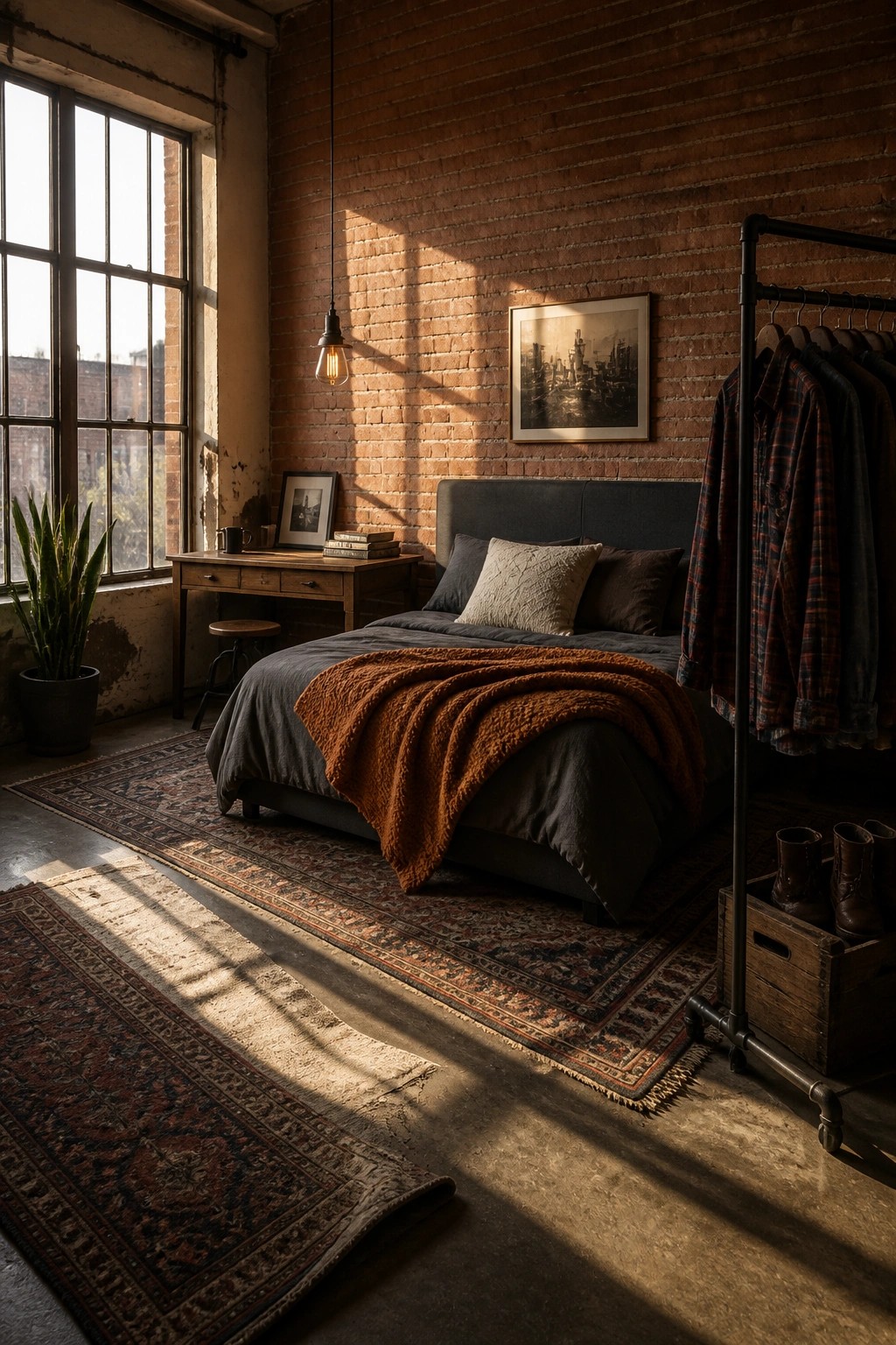 A bedroom featuring a gray bed with an orange chunky throw blanket, a brick wall, multiple rugs on a concrete floor, and a clothing rack nearby.