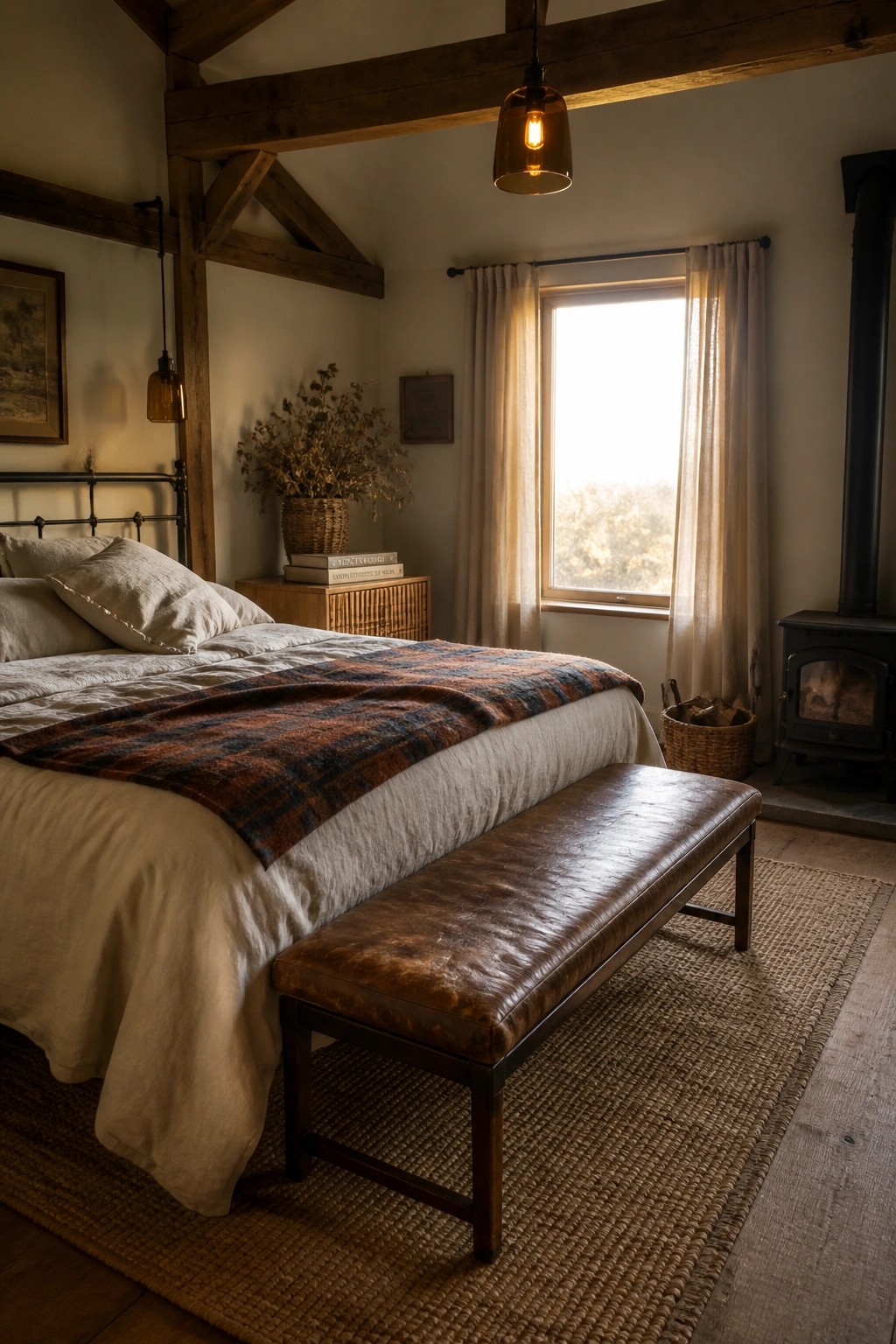 Rustic bedroom with bed, plaid blanket, leather bench, wood beams, and fireplace