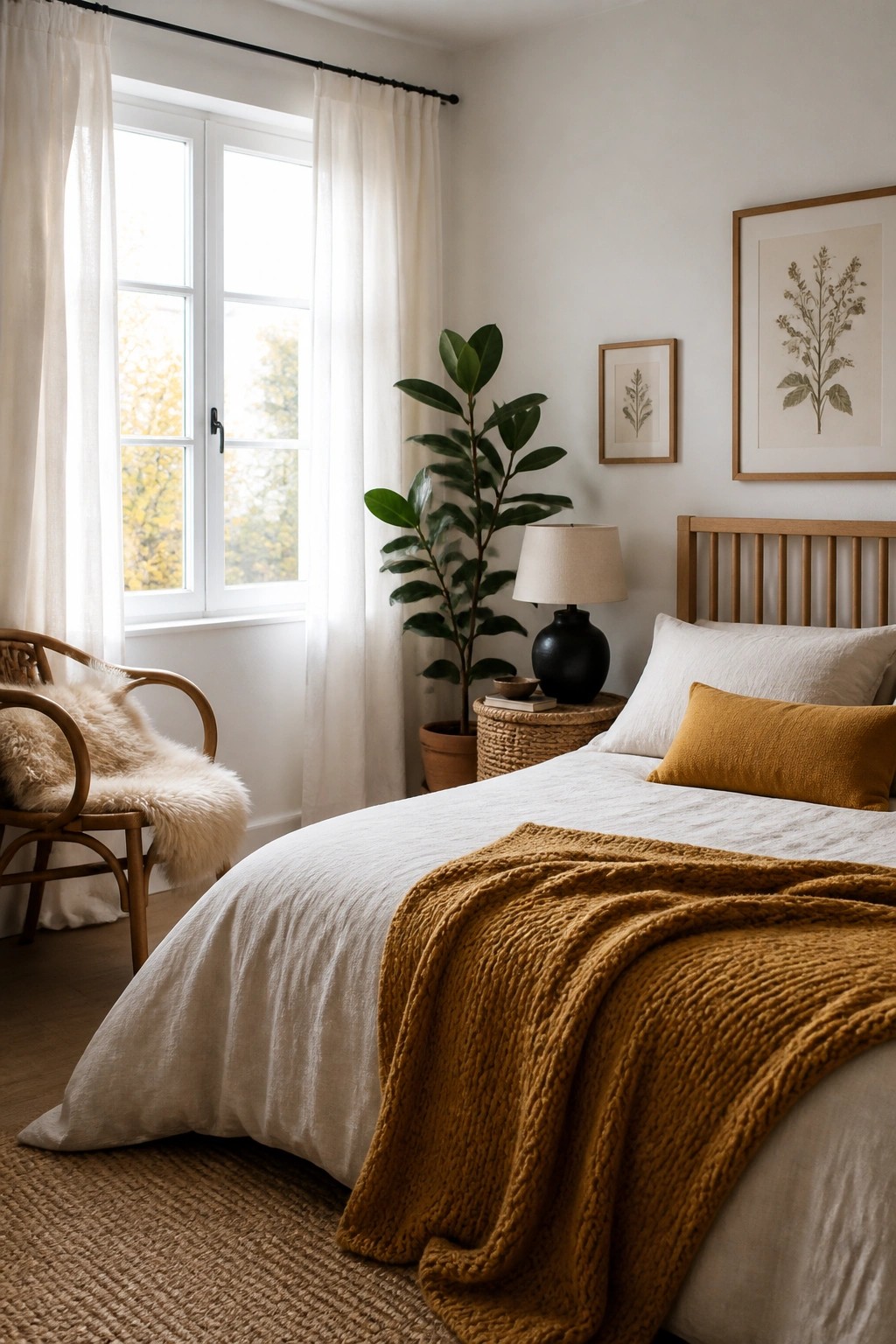 A bedroom with a wooden bed dressed in white linens, a large mustard chunky knit throw, a woven nightstand, a potted plant, and a rattan chair with a sheepskin throw near a window.