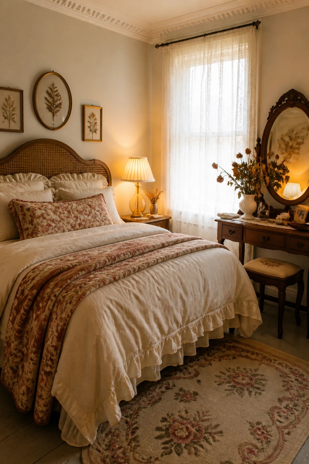 A bedroom featuring a bed with layered white and patterned bedding, a large floral rug, sheer curtains on the window, and a wooden vanity with an oval mirror.