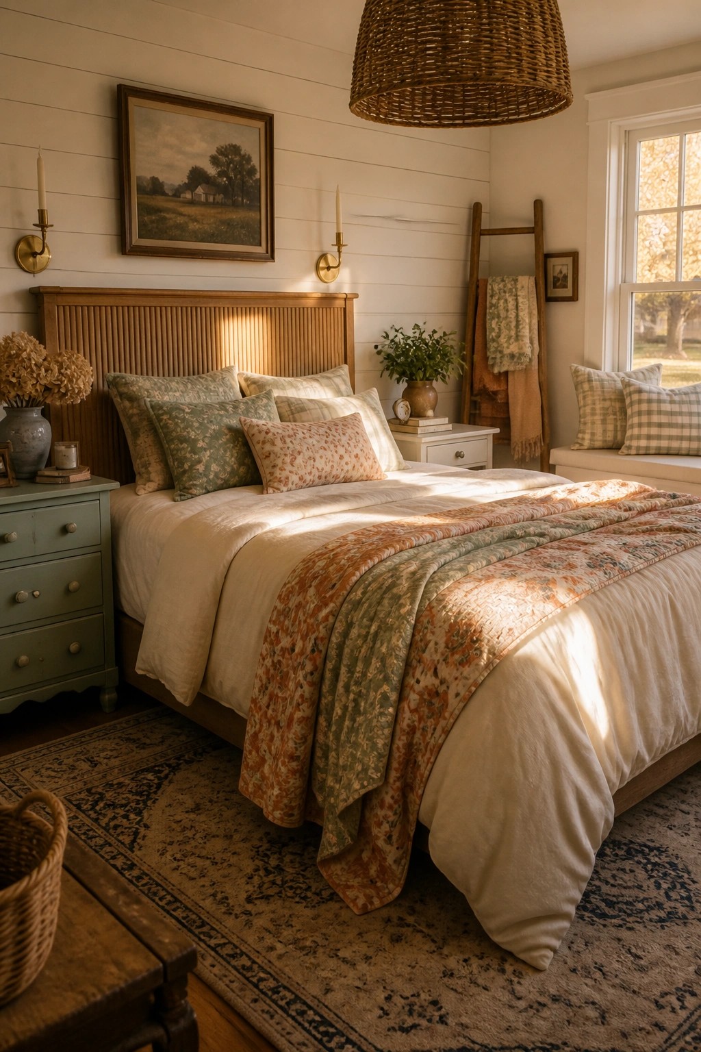 A bedroom featuring a wooden bed with layered bedding in autumn colors, a green nightstand, wall sconces, and a window with natural light.