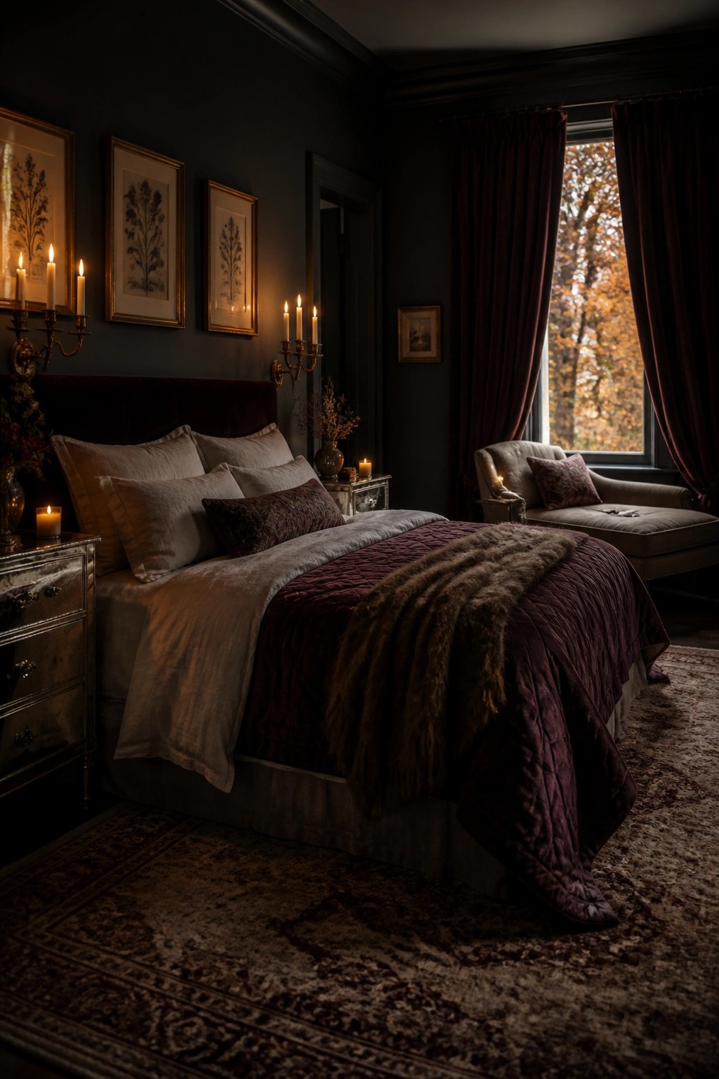A dark bedroom featuring a bed with layered burgundy and neutral bedding, including a fur throw, surrounded by lit candles and framed botanical prints.