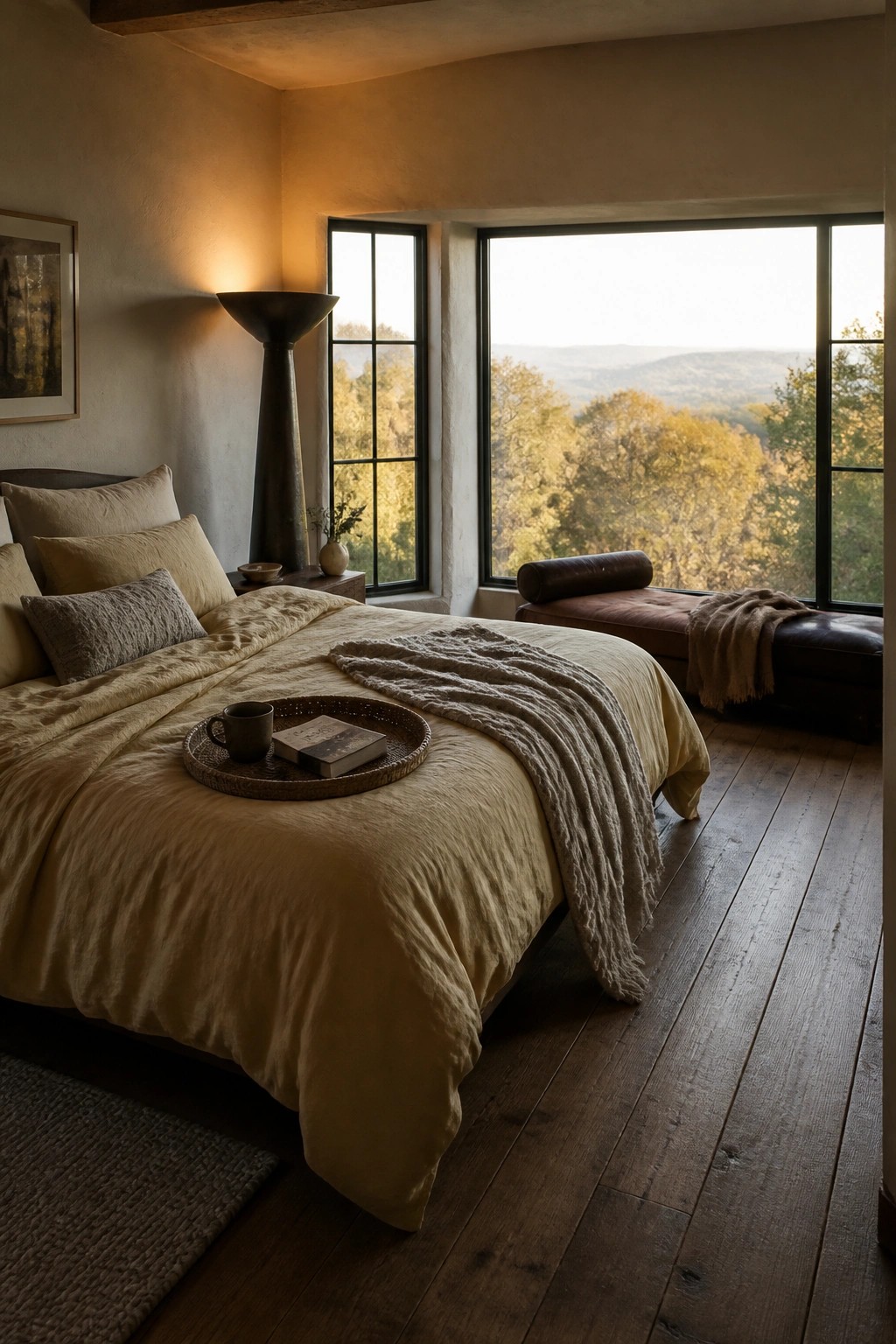 A bedroom featuring a large bed dressed in layered beige linens and a chunky knit throw, with a large window showing a view of autumn trees.