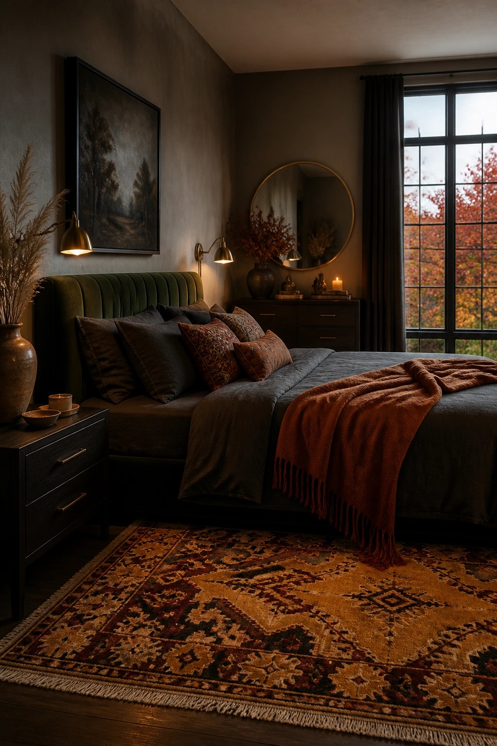 A bedroom featuring a large bed with layered gray and rust bedding, a green velvet headboard, a patterned orange and brown rug, and a window with autumn foliage visible outside.