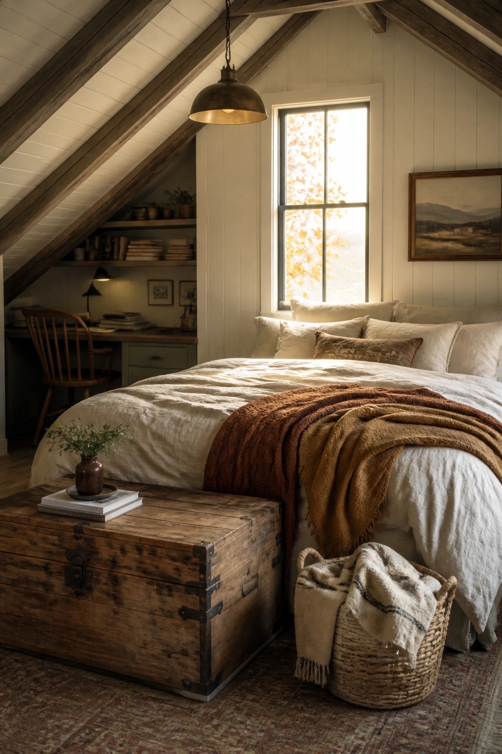 An attic bedroom with a bed dressed in white linens topped with layered rust and brown throws, a wooden trunk at the foot of the bed, and a window showing autumn foliage outside.