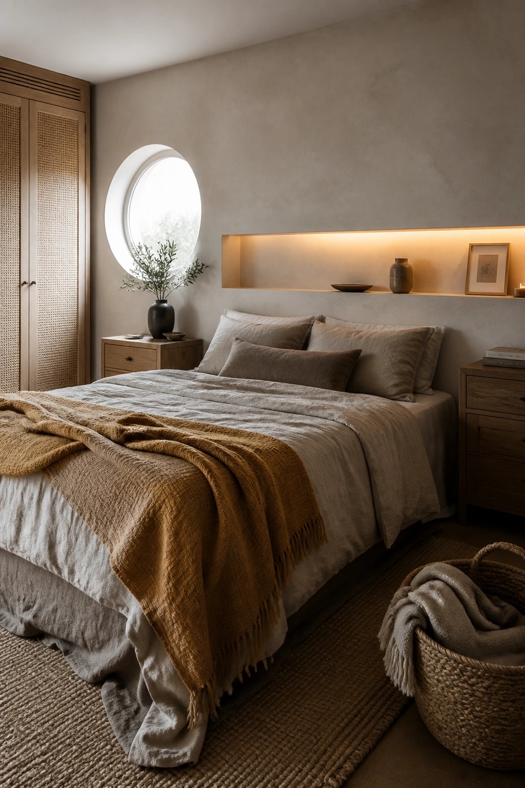 A bedroom with a bed layered in light linen bedding and a mustard-colored woven throw, flanked by wooden nightstands and a round window on the left wall.