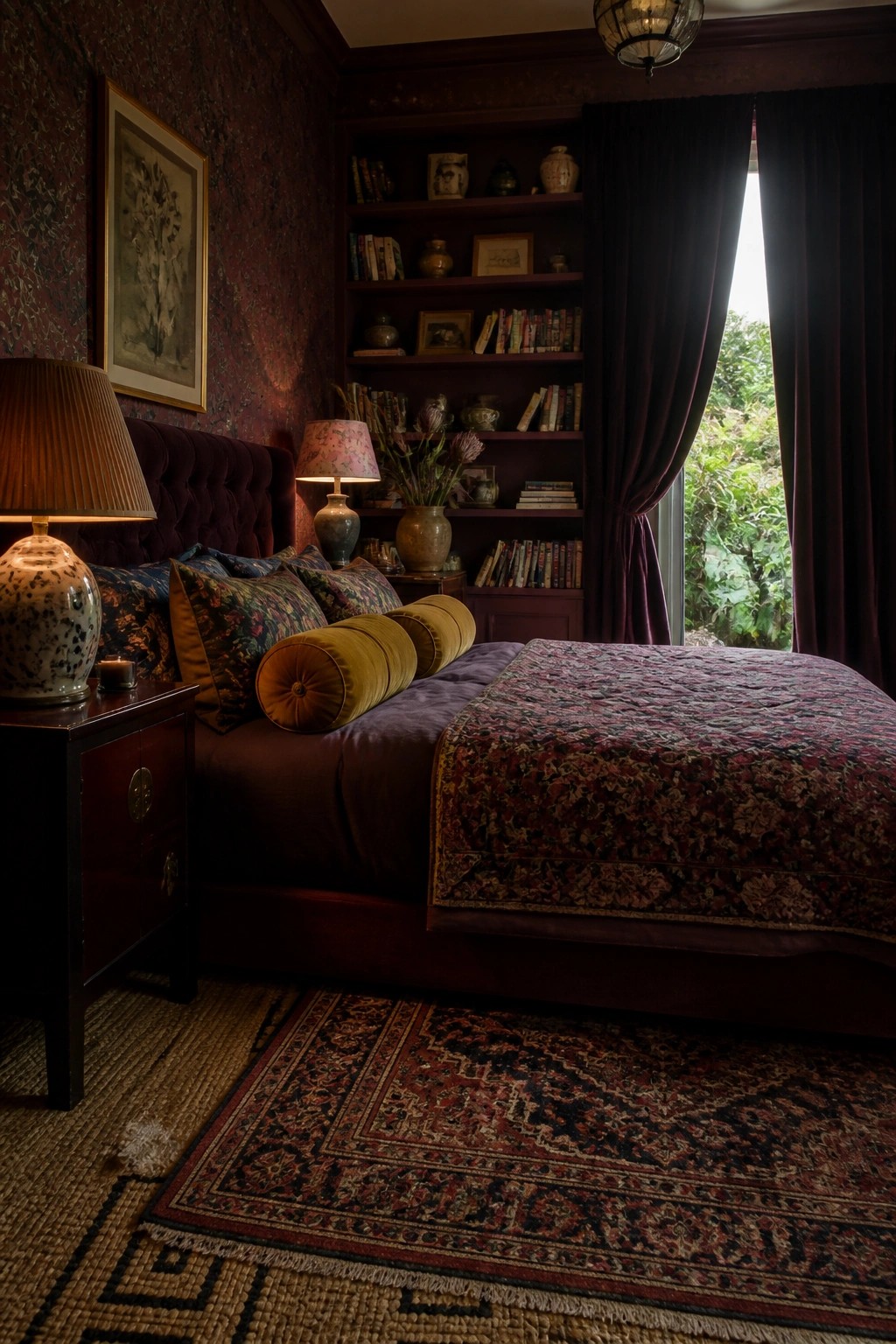 Dark bedroom with purple bed, floral bedding, bookshelves, and patterned rug near window.