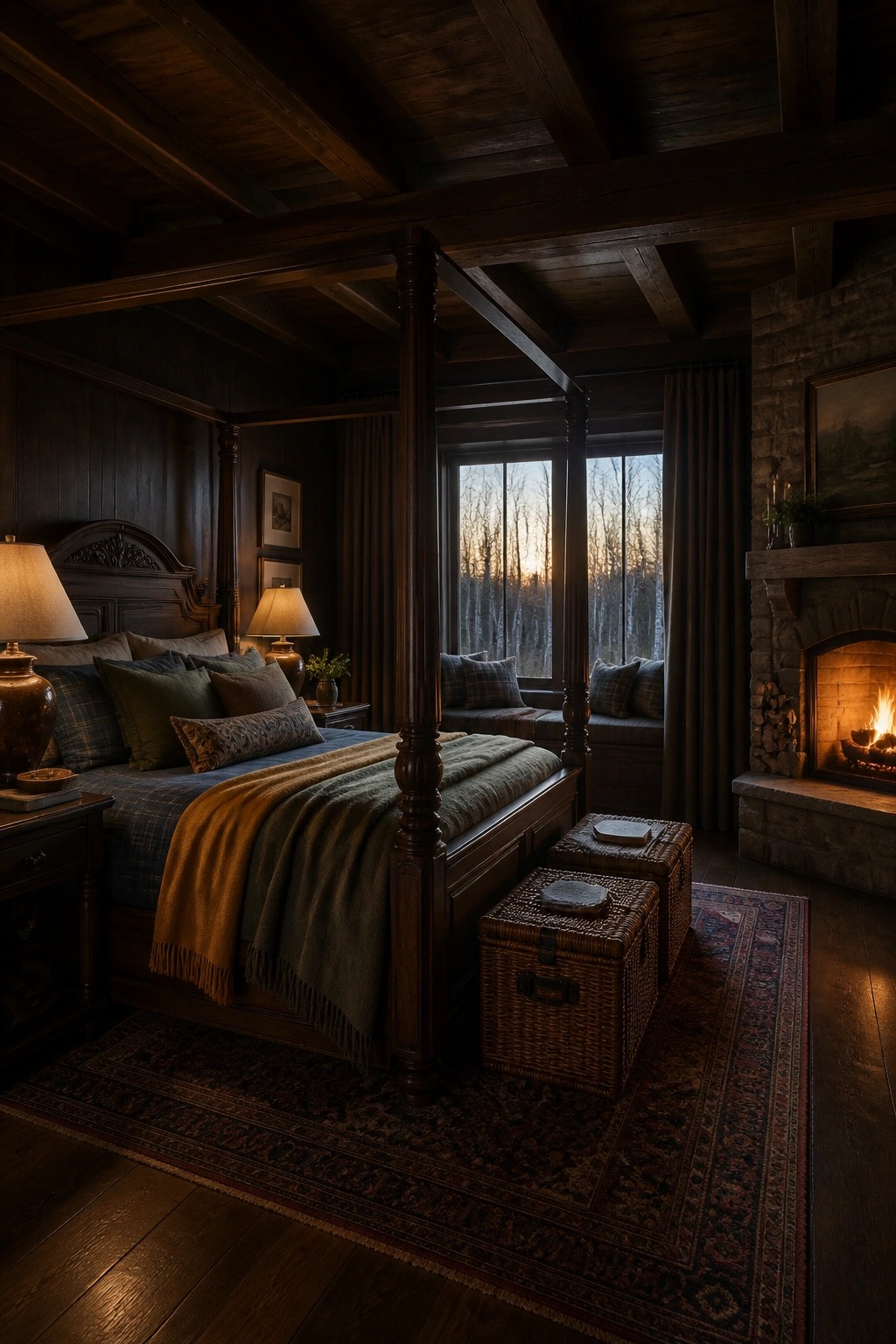 A bedroom with a dark wood four-poster bed dressed in layered plaid and solid bedding, a stone fireplace on the right, and a large patterned rug covering the floor.