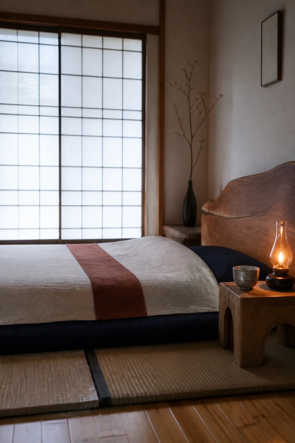 A low bed with layered neutral and rust linens sits on tatami mats beside shoji screens, with a lit oil lamp on a small wooden table.