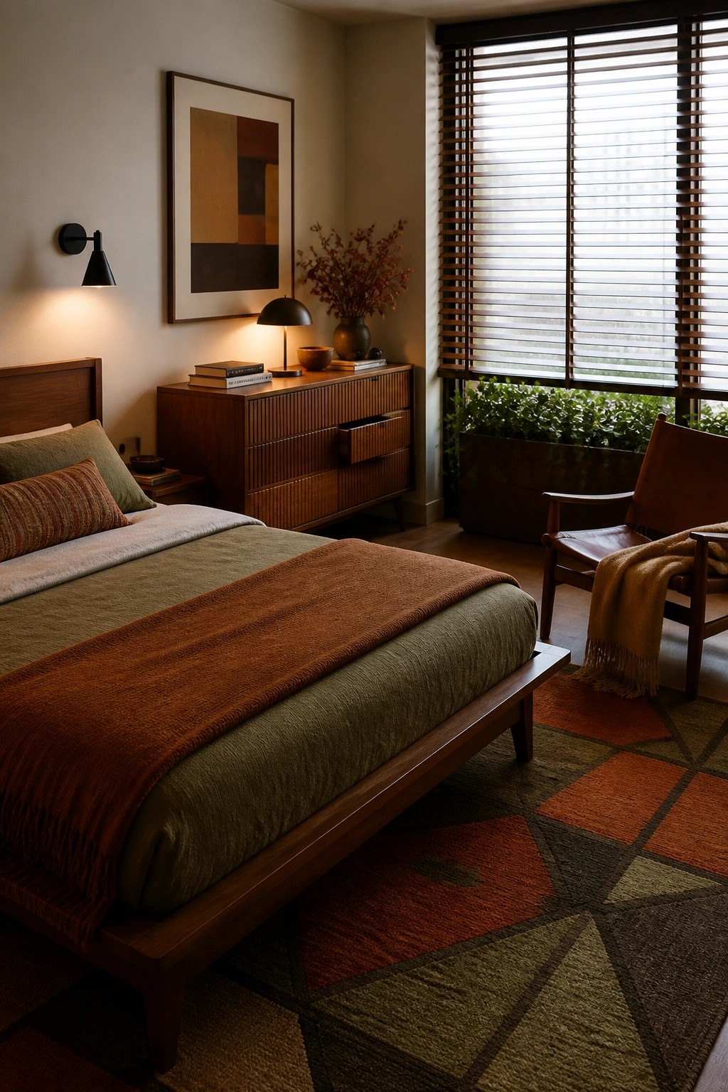 A bedroom featuring a wooden bed with layered green and rust bedding, a geometric area rug in autumn colors, and a wooden dresser with a wall sconce and artwork above it.
