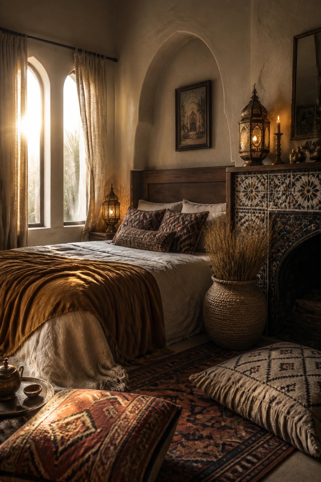 A bedroom featuring a wooden bed with layered bedding, multiple patterned rugs on the floor, a woven basket with dried grass, and a tiled fireplace.